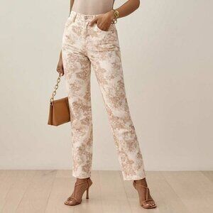 Reformation Cream and Tan Floral Straight-Leg Jeans